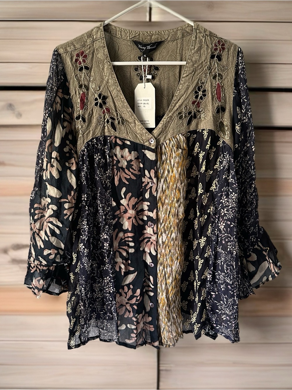 201 NWT Young Threads Mixed-Print V-Neck Blouse in Olive, Black and Pink